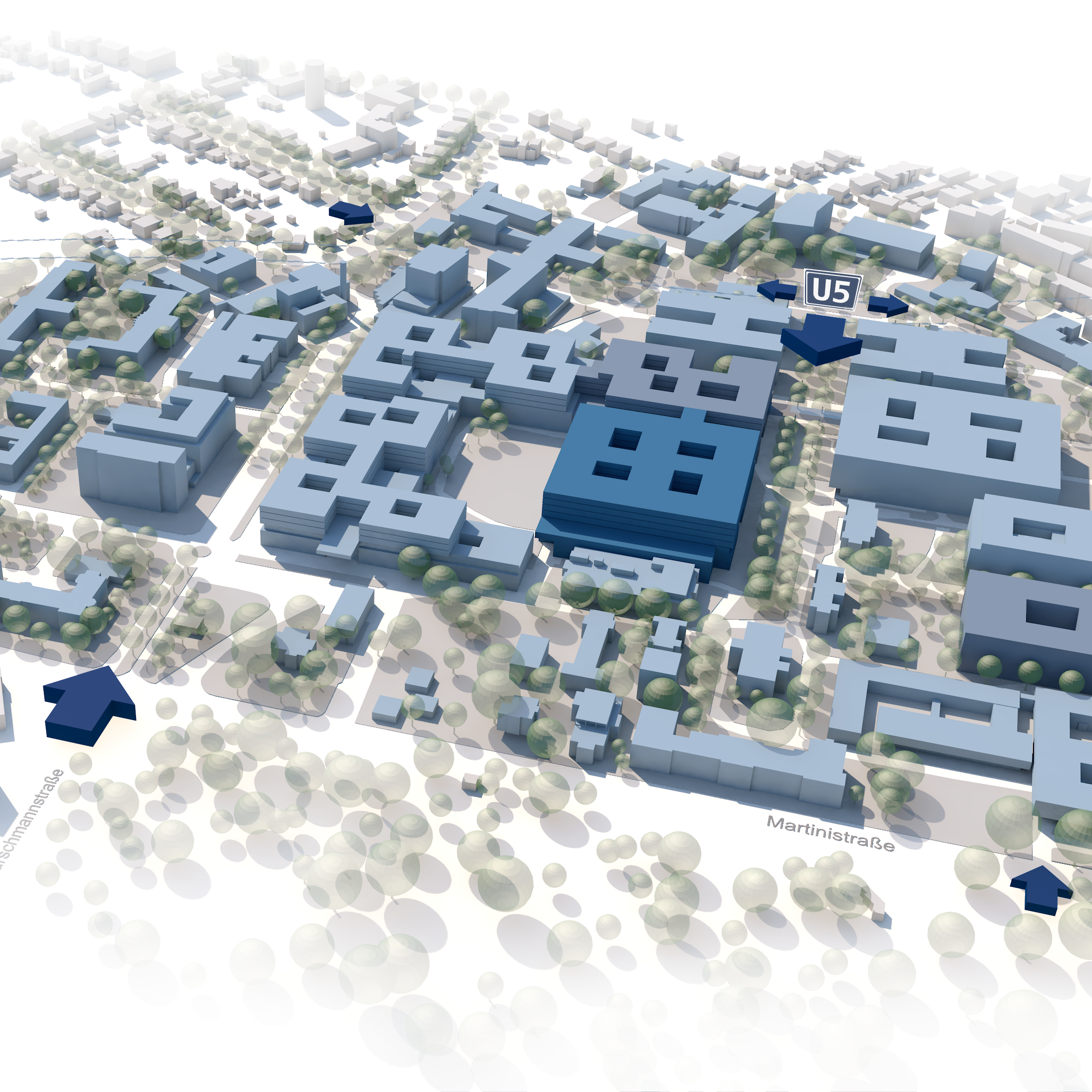 Das Bild ist ein 3D-Lageplan des UKE-Geländes mit eingezeichnetem Baufeld für den Neubau des BG Klinikums Hamburg.