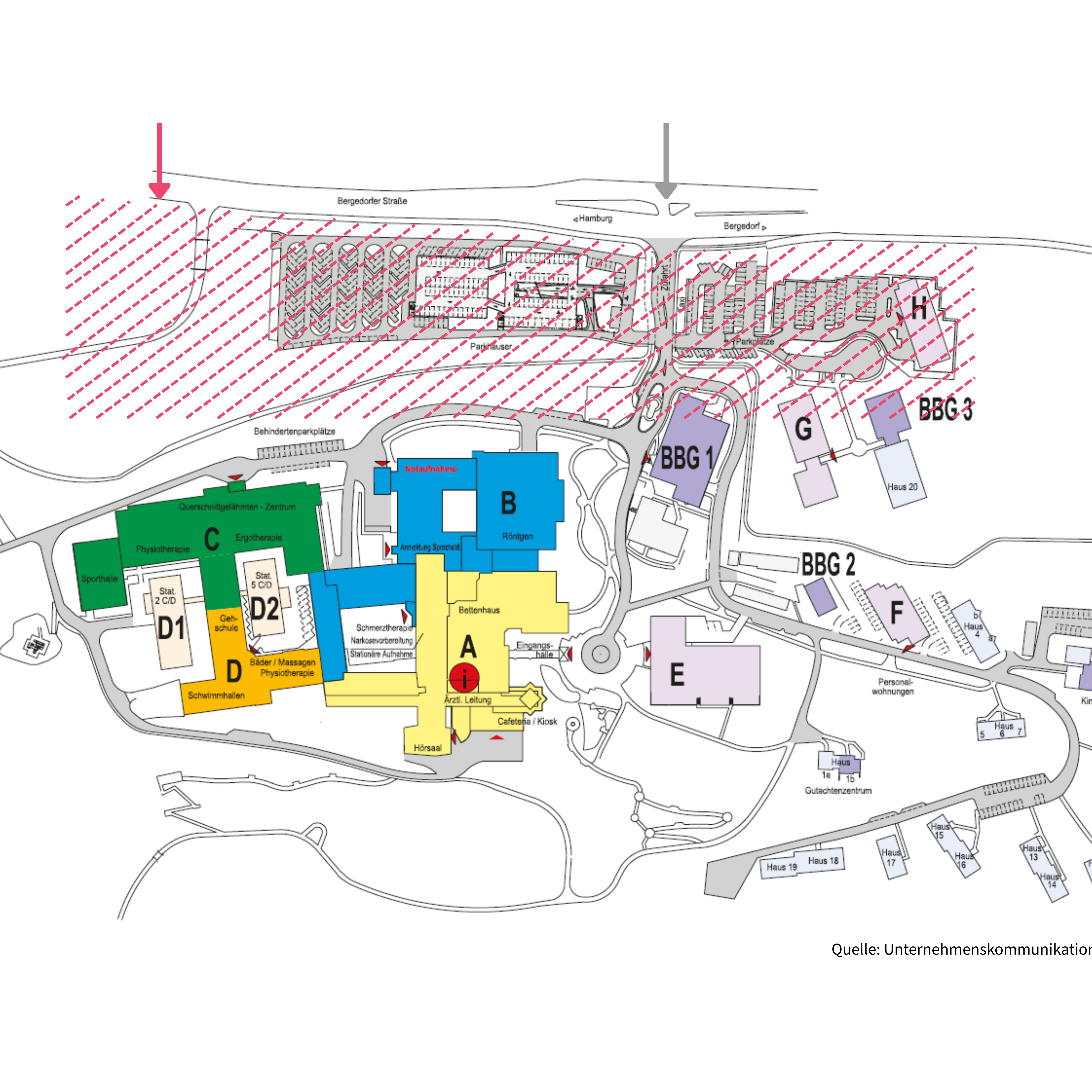 Die Abbildung zeigt einen Lageplan des BG Klinikums Hamburg, in den das zukünftige Baufeld für den Neubau des Klinikums eingezeichnet ist.