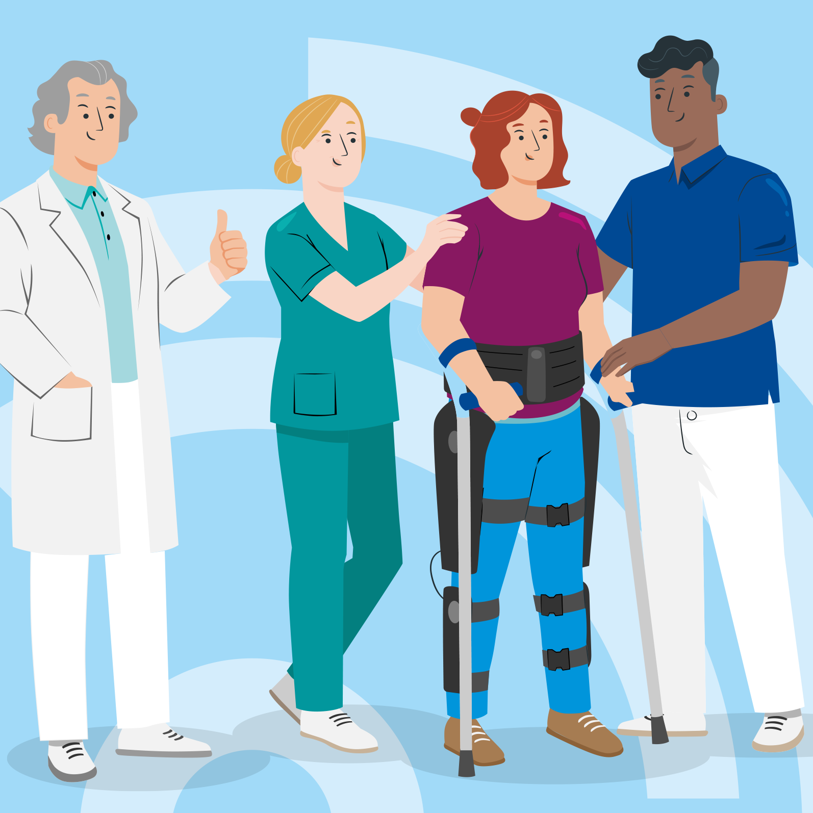 Auf der Abbildung ist eine Grafik im Comic-Stil zu sehen, auf der vier Personen dargestellt sind. Es handelt sich um einen Arzt, eine Pflegekraft, einen Patienten und einen Therapeuten. 